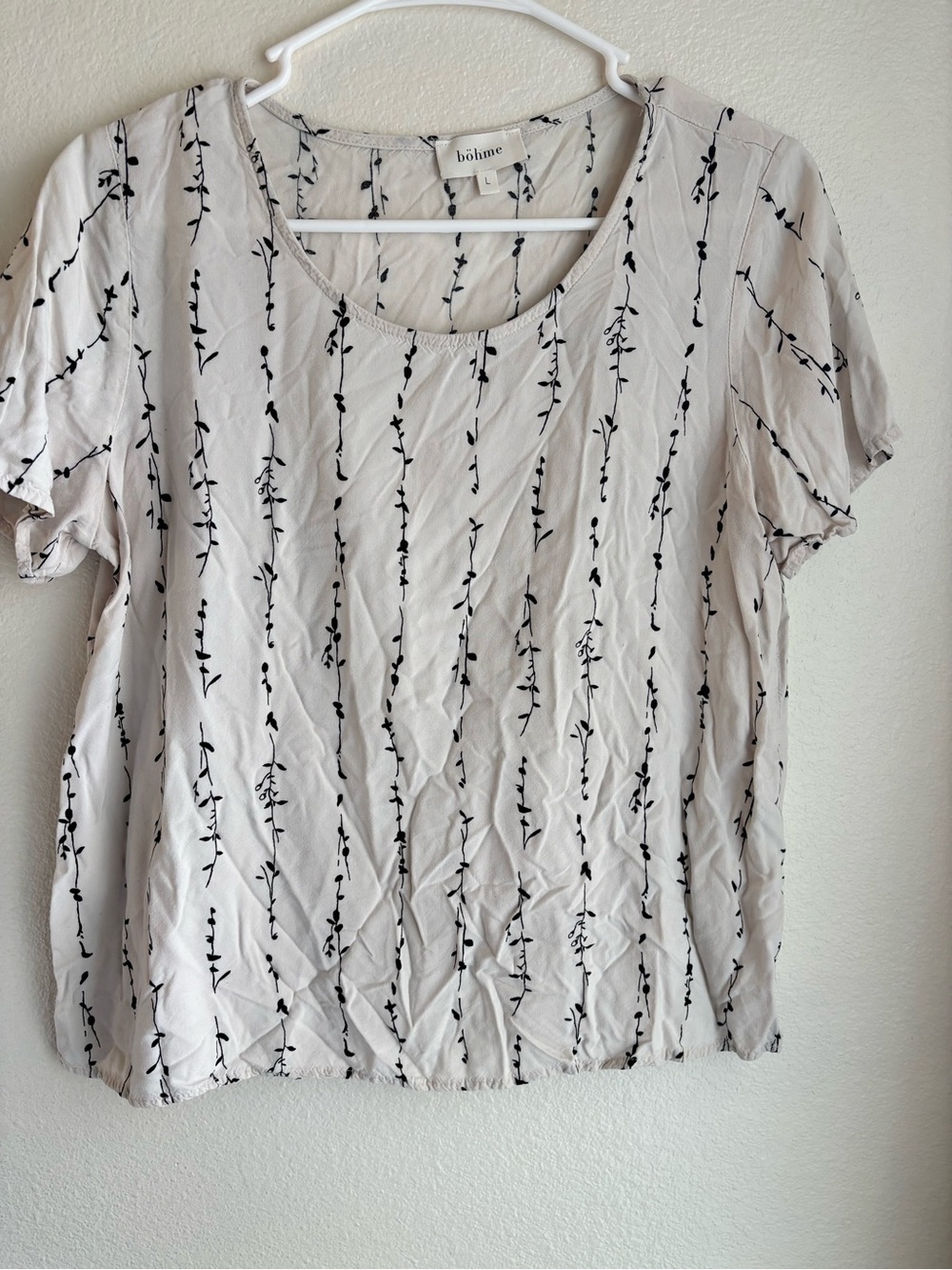 Bohme Womens Large Cream Black Botanical Vine Print Short Sleeve Boho Blouse Top